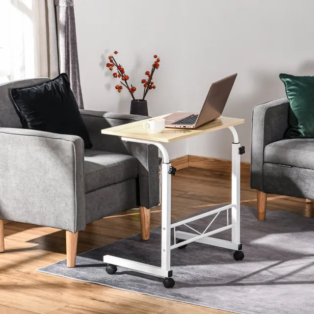 MEUNIQ Bijzettafel 60 x 40 x 68-78 cm in C-vorm, hoogte verstelbaar, met 4 wielen en 2 remmen, verrijdbare tafel voor slaapkamer of woonkamer, naturel Esdoorn