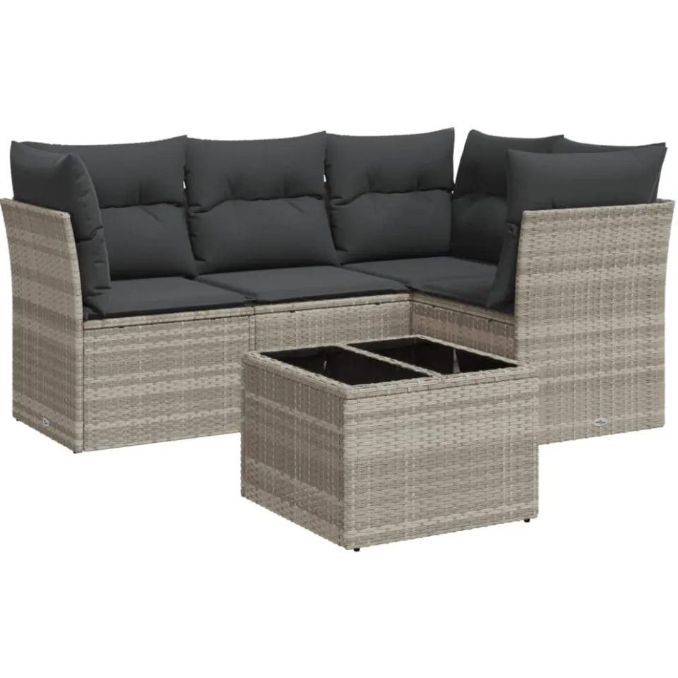 vidaXL 5-delige Loungeset met kussens poly rattan lichtgrijs grijs