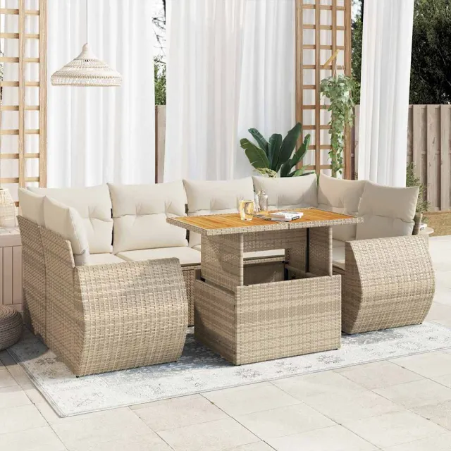 vidaXL 7-delige Loungeset met kussens poly rattan beige, foto 2