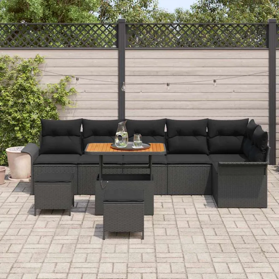 vidaXL Tuinbankenset 9 st Zwart poly rattan, foto 2