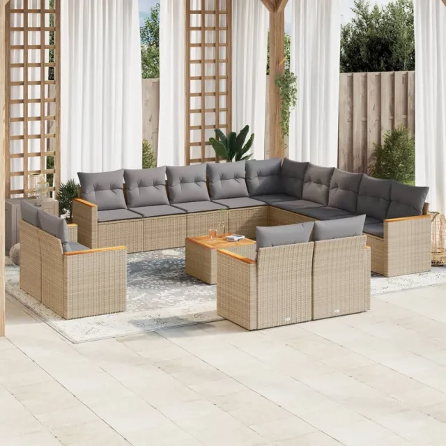 vidaXL 14-delige Loungeset met kussens poly rattan beige, foto 2