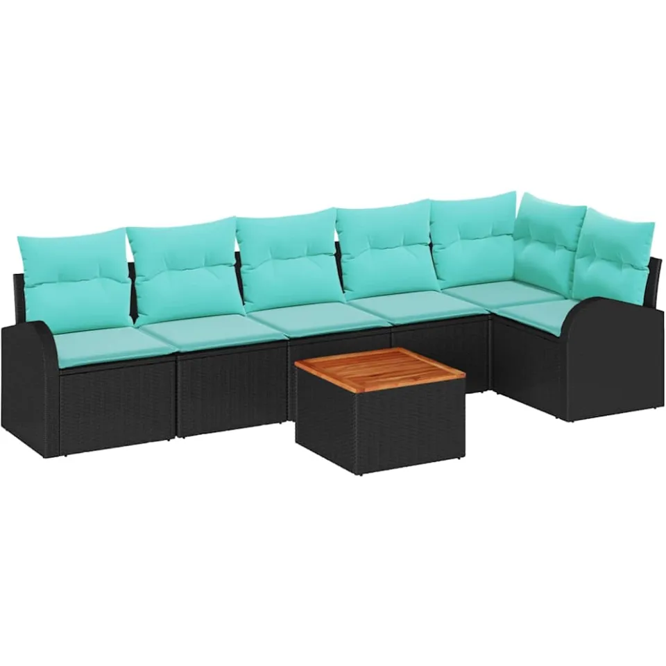 vidaXL Tuinbankenset 7 st Zwart en Turquoise poly rattan
