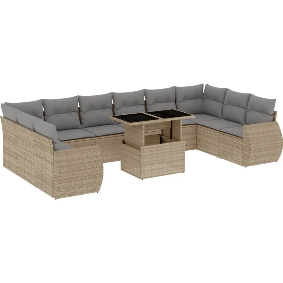 vidaXL 11-delige Tuinset met kussens poly rattan beige, foto 3