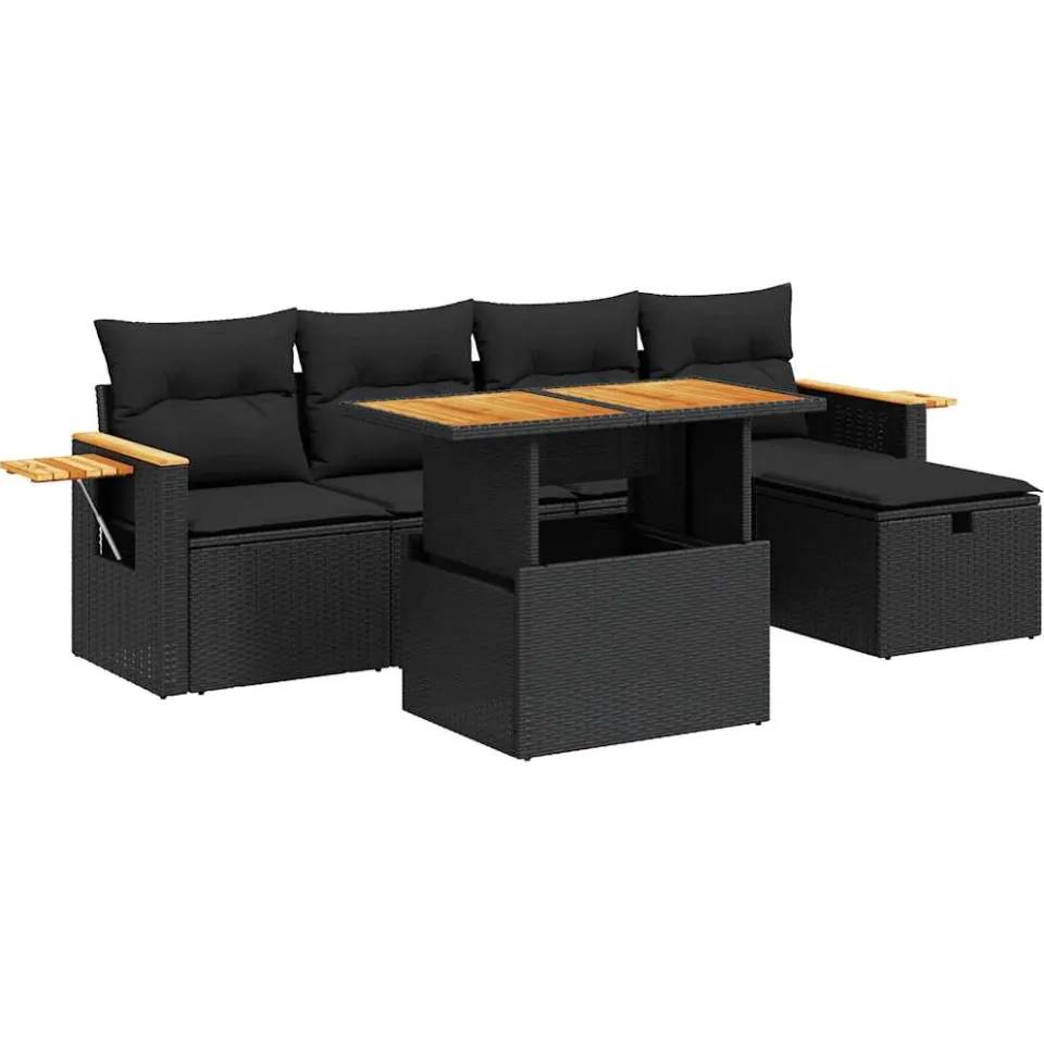 vidaXL 6-delige Loungeset met kussens poly rattan zwart, foto 3