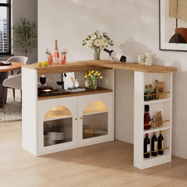 Maisentiel Uitschuifbare bartafel 138-193 x 39 x 105 cm - draaibaar, met opbergruimte en LED - wit