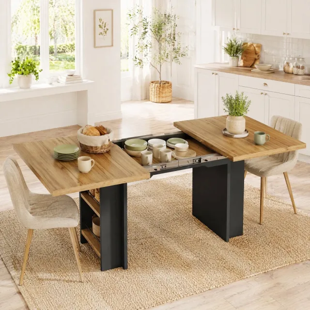 Wishdor Uitschuifbare eettafel - Rechthoekig modern design - MDF met opbergrekken - Natuurlijk hout - Voor woonkamer en keuken - Zwart frame - 120-160 x 80 x 75 cm Natural Wood