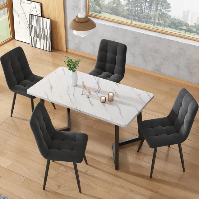 CHICFURN Eettafel - marmereffect - metalen poten - zwart/wit