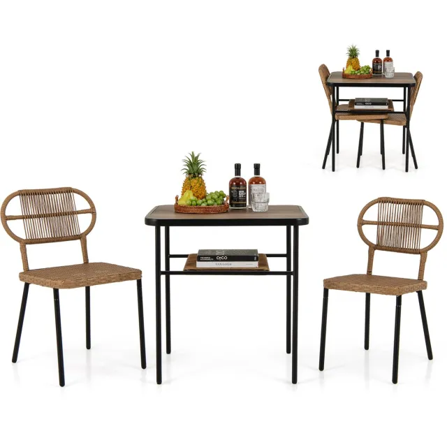 Costway 3-delige tuinmeubelset, balkonmeubel met 2 rotanstoelen en eettafel, rotan terrasmeubel, ruimtebesparend, zitgroep outdoor voor terras, balkon, tuin Natuurlijk