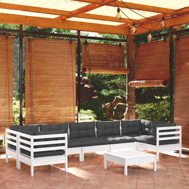 vidaXL 8-delige Loungeset met kussens grenenhout wit