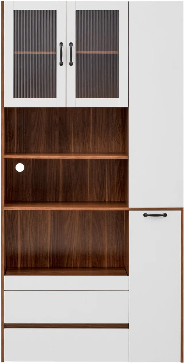 MUVANO Buffetkast met ribbelglas - Verstelbare en uittrekbare legplanken - MDF - 100 x 40 x 200 cm - Voor keuken en eetkamer - Wit en walnootkleur