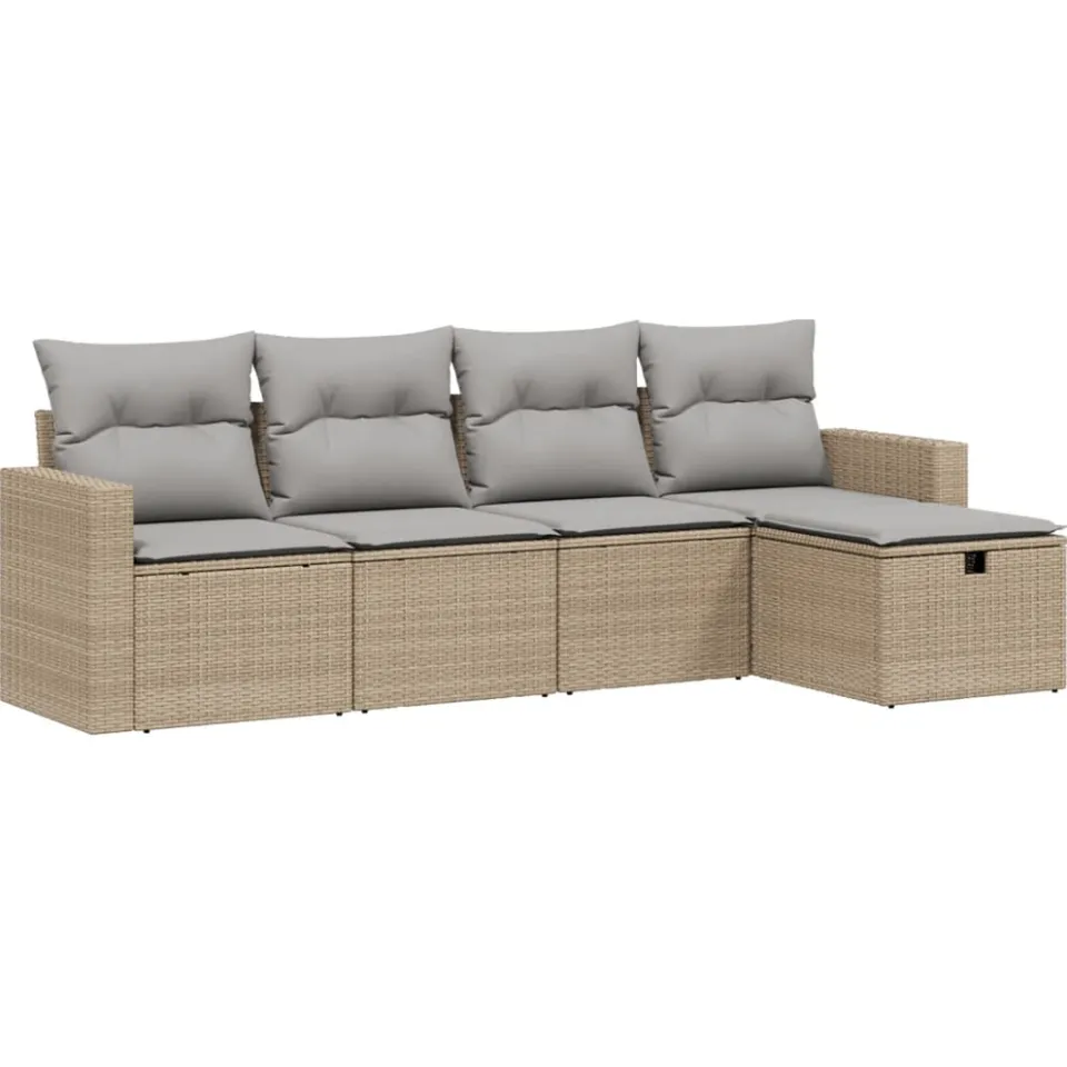 vidaXL 5-delige Loungeset met kussens poly rattan gemengd beige, foto 3