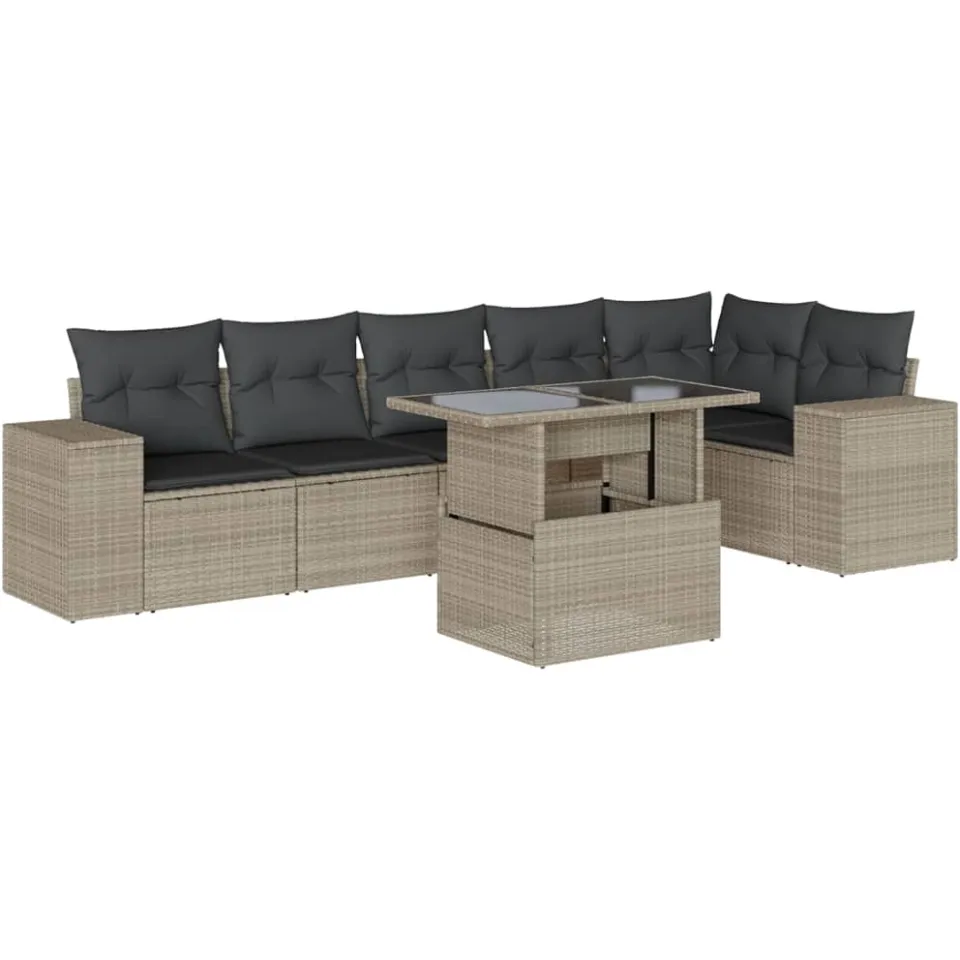 vidaXL 7-delige Loungeset met kussens poly rattan lichtgrijs