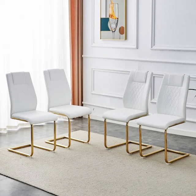 Clruro Eetkamerstoelen - 4 Stuks - Netvormige Rug en Antislipvoeten - PU/Metaal - Wit/Goud Wit+Goud