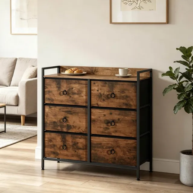CHICFURN Ladekast - 6 lades - Stoffen lades - Vrijstaand - Rustiek bruin zwart