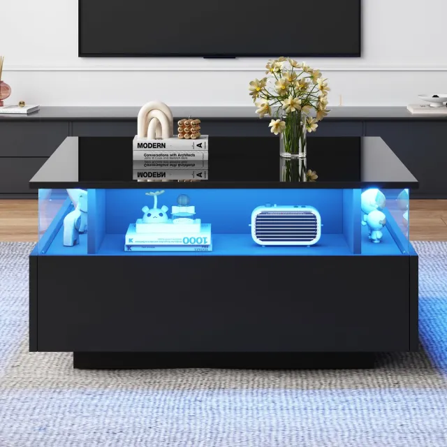 MODFU Luxe Vierkante Salontafel met RGB-LED (70x70) - Zwart Hoogglans Koffietafel met 2 Lades & Glazen Display - Smart App