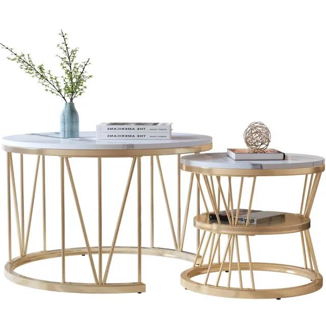 Noventra salontafel-salon tafel set van 2-bijzettafels-salontafel rond-salontafel rond-70x70x45 cm-45x45x40 cm-goud/wit-hout