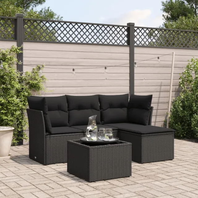 vidaXL 5-delige Loungeset met kussens poly rattan zwart, foto 2