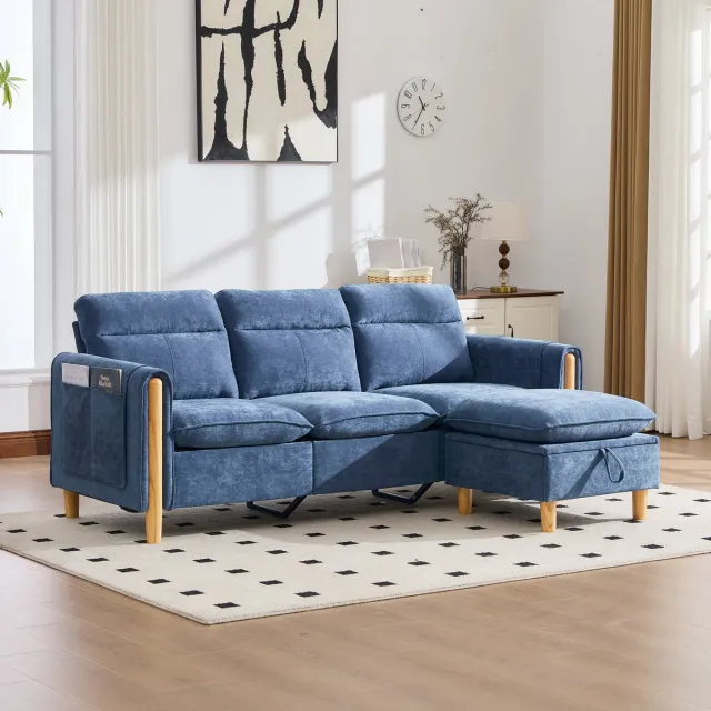 HAUSS SPOLE Hoekbank - 3-Zits Sofa Met Opberghocker - Modulair Met Zijvakken - Voor Woonkamer En Kleine Ruimtes - Chenille Blauw