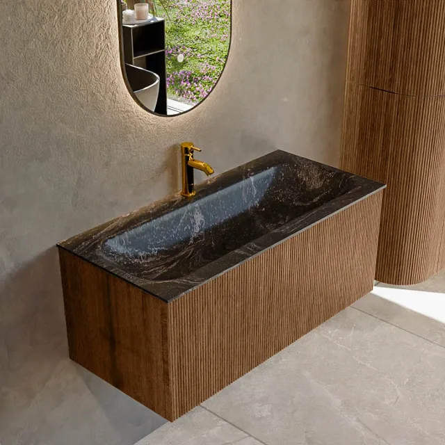Mondiaz KURVE-DLUX 100 cm Onderkast Greeploos 1 Lade Zonder Deuren Walnut, Wastafel Solid Surface Volledig Lava 1 Kraangat Zonder Spiegel (KRVBGM1001L0D1KM-Wal/Lav)