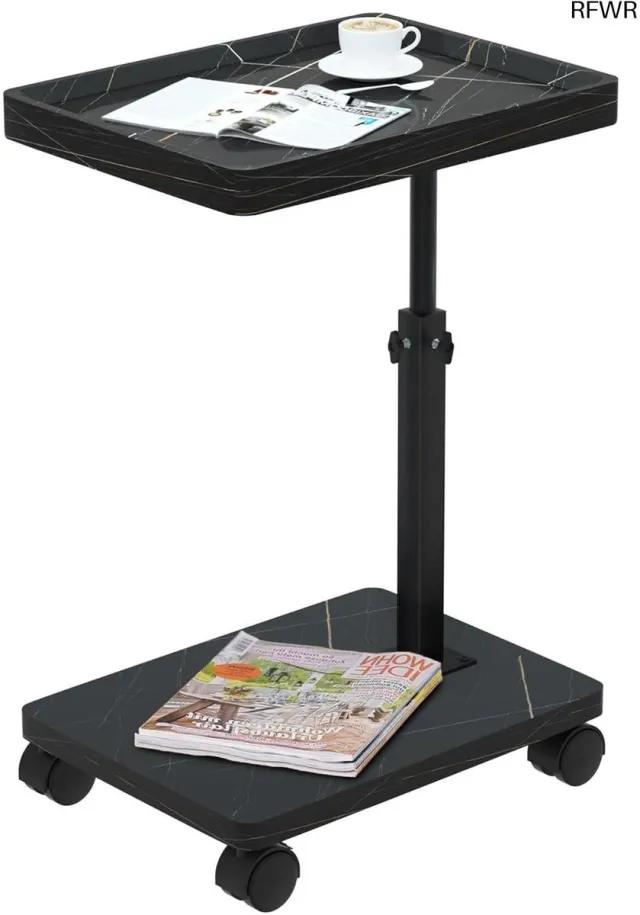 RFWR Verstelbare Bijzettafel met Wieltjes en 360° Draaiend Blad - C-vormige Houten Koffietafel voor Woonkamer Zwart
