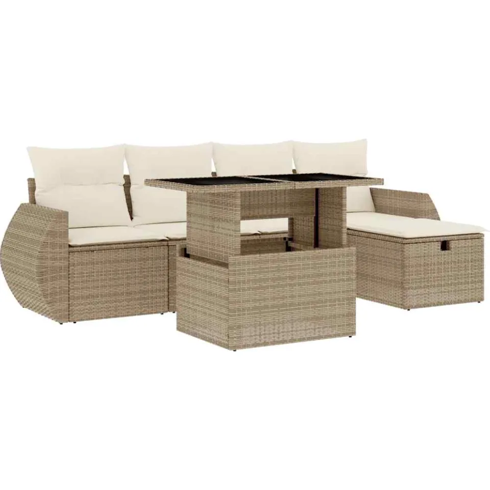 vidaXL 6-delige Loungeset met kussens poly rattan beige, foto 3