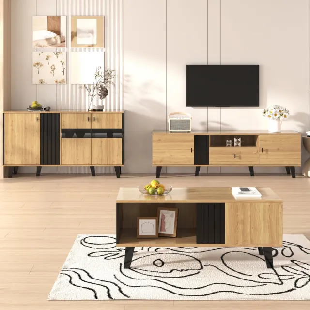 COVREO Sidetable 140x78,5x41 cm zwart, spaanplaat en glas, met LED en opbergruimte Hout