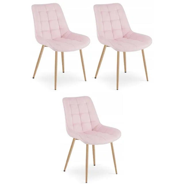 LEOBERT Set van 3 Eetkamerstoelen BERA – Lichtroze Velvet / Fluweel – Gestoffeerde Zitting – Metalen Poten in Eikenlook – Modern Scandinavisch Design – Voor Eetkamer, Keuken en Woonkamer