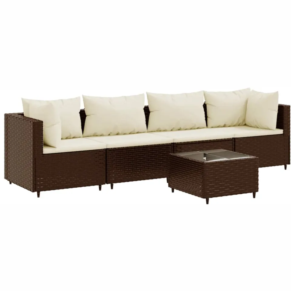vidaXL 5-delige Loungeset met kussens poly rattan bruin, foto 3