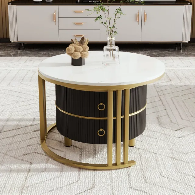 MODFU 2-in-1 Ronde MDF Salontafel met Glanzend Blad en Witte Marmeren Inleg, 2 Lades – 70x70x46 + 50x50x40 cm Zwart
