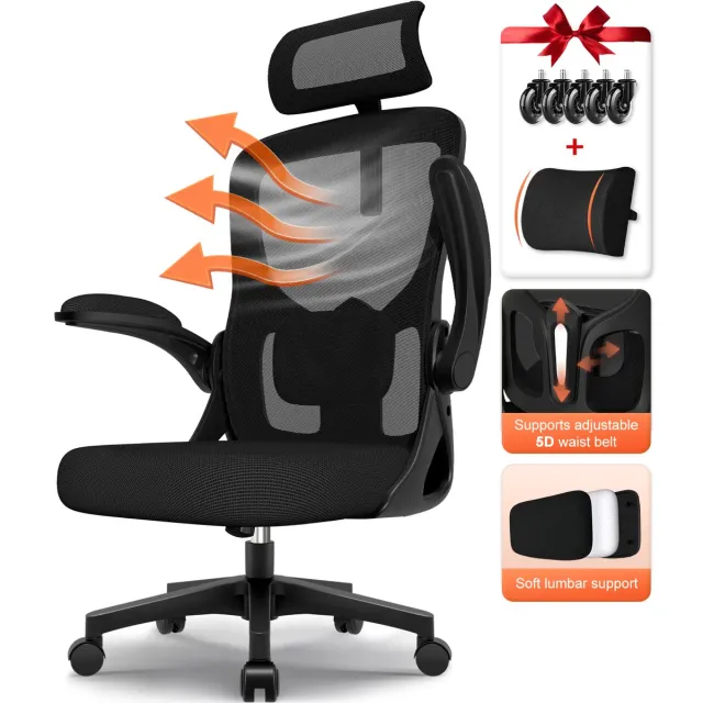 Hiaonyx bureaustoel - ergonomische bureaustoel - bureaustoelen voor volwassenen - Opklapbare armleuningen - 5D lendensteun - Maximale kanteling 130° - Inclusief lendenkussen en stille wielen - Zwart Zwart - met lendensteun en stille wielen