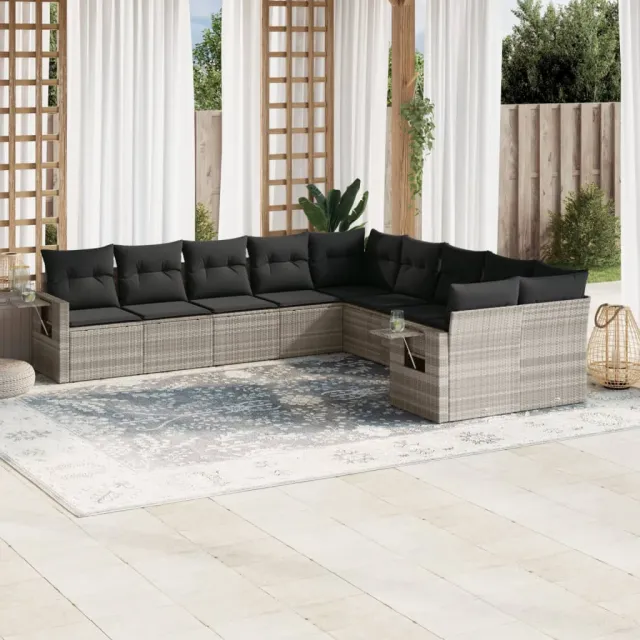 vidaXL 10-delige Loungeset met kussens poly rattan lichtgrijs grijs, foto 2