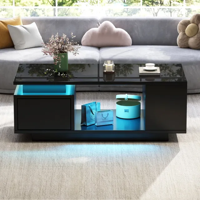 REDOM Salontafel 100x50x36 cm van spaanplaat, hoogglans met lade en LED Zwart