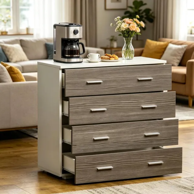 CHICFURN Ladekast - Vier lades - Anti-kantelvoorziening - Grijs en wit