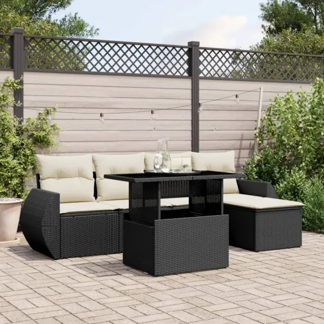 vidaXL 6-delige Loungeset met kussens poly rattan zwart, foto 2
