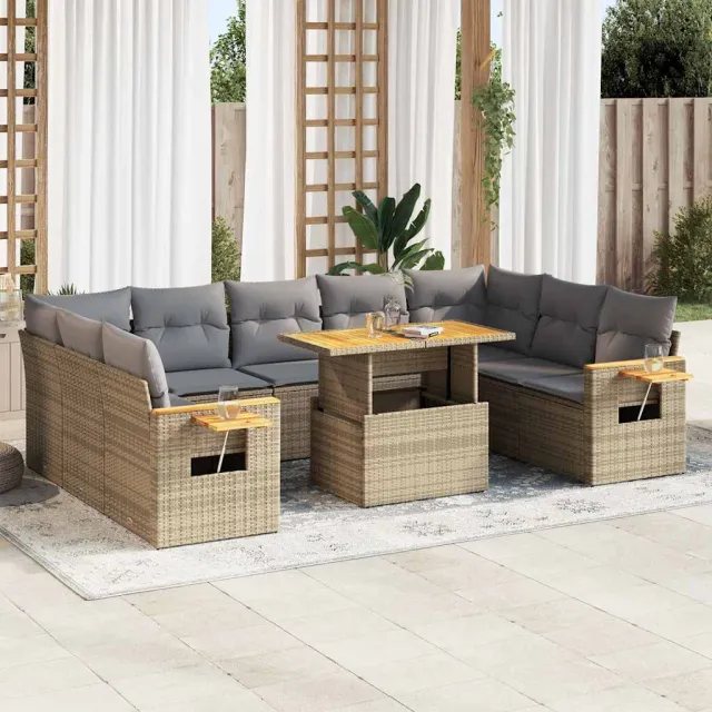 vidaXL 10-delige Loungeset met kussens poly rattan acacia beige, foto 2