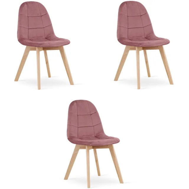LEOBERT BORA Eetkamerstoelen – Set van 3 – Donkerroze Velvet – Beukenhouten Poten – Comfortabele en Ergonomische Zitting – Scandinavisch Design – Voor Woonkamer, Keuken, Eetkamer en Slaapkamer donkerroze / beukenkleur