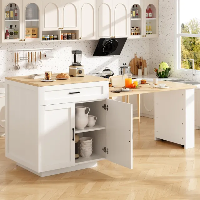 WUVRIE Uitschuifbare bartafel 133-202x70 cm - Met opbergruimte en vergrendelbare wielen - Wit
