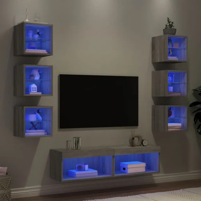 vidaXL 8-delige Tv-wandmeubelset met LED bewerkt hout grijs sonoma