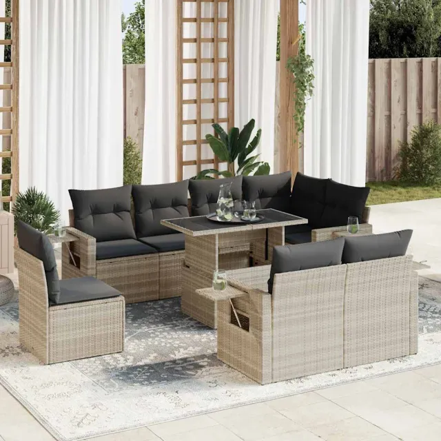 vidaXL 9-delige Loungeset met kussens poly rattan lichtgrijs grijs, foto 2