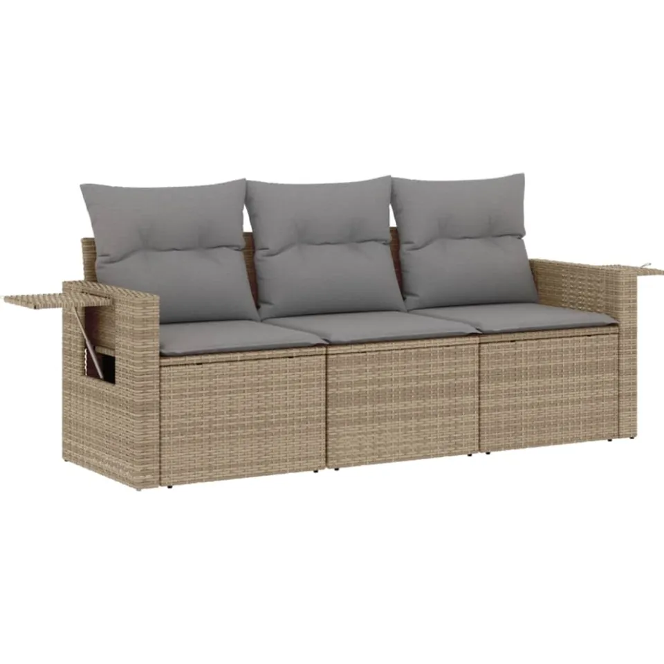 vidaXL 3-delige Loungeset met kussens poly rattan beige, foto 3