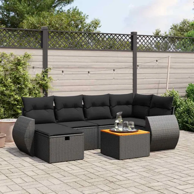 vidaXL 7-delige Loungeset met kussens poly rattan zwart, foto 2