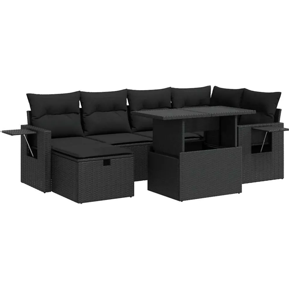 vidaXL 7-delige Loungeset met kussens poly rattan zwart, foto 3