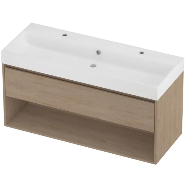 Proline Podium Badmeubelset Polystone Loft 2 Kraangaten Met Schap 120x46x62 cm Mat White Ideal Oak Eiken