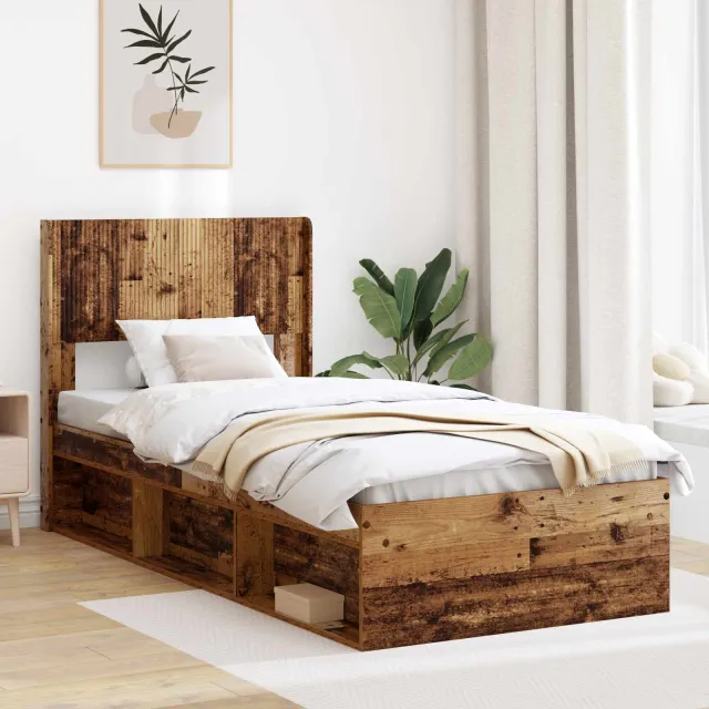 vidaXL Bedframe met opbergruimte en hoofdbord Oud hout 75 x 190 cm bruin