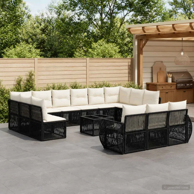 vidaXL Tuinbankenset 14 st Zwart en Cream Wit poly rattan, foto 2