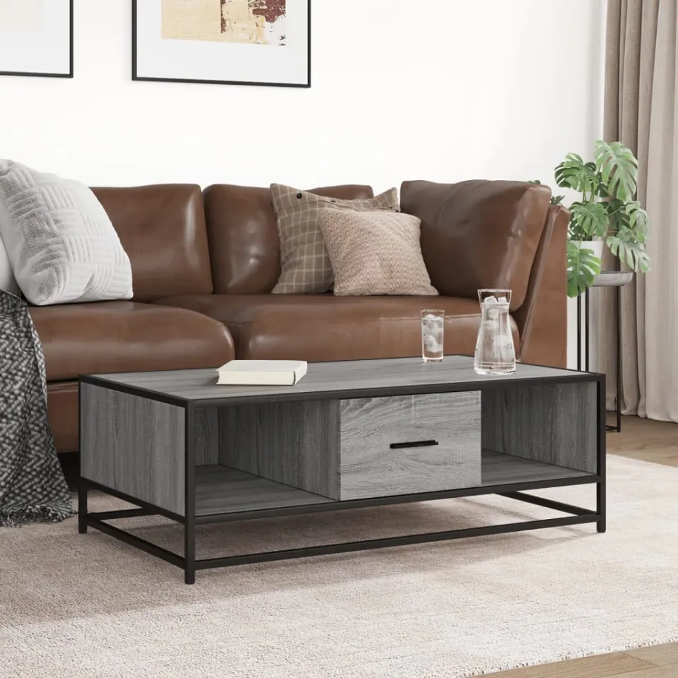 vidaXL Salontafel 100x57x35 cm bewerkt hout en metaal grijs sonoma, foto 3