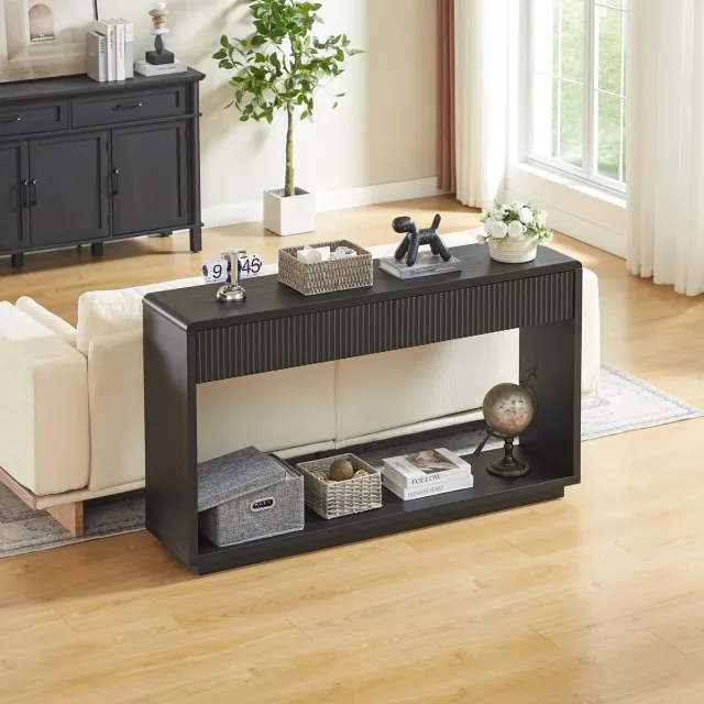 MIVRAY Consoletafel - Modern Geribbeld Frontdesign Met 2 Laden En Open Vak - Voor Hal En Woonkamer - Zwart - 150 Cm