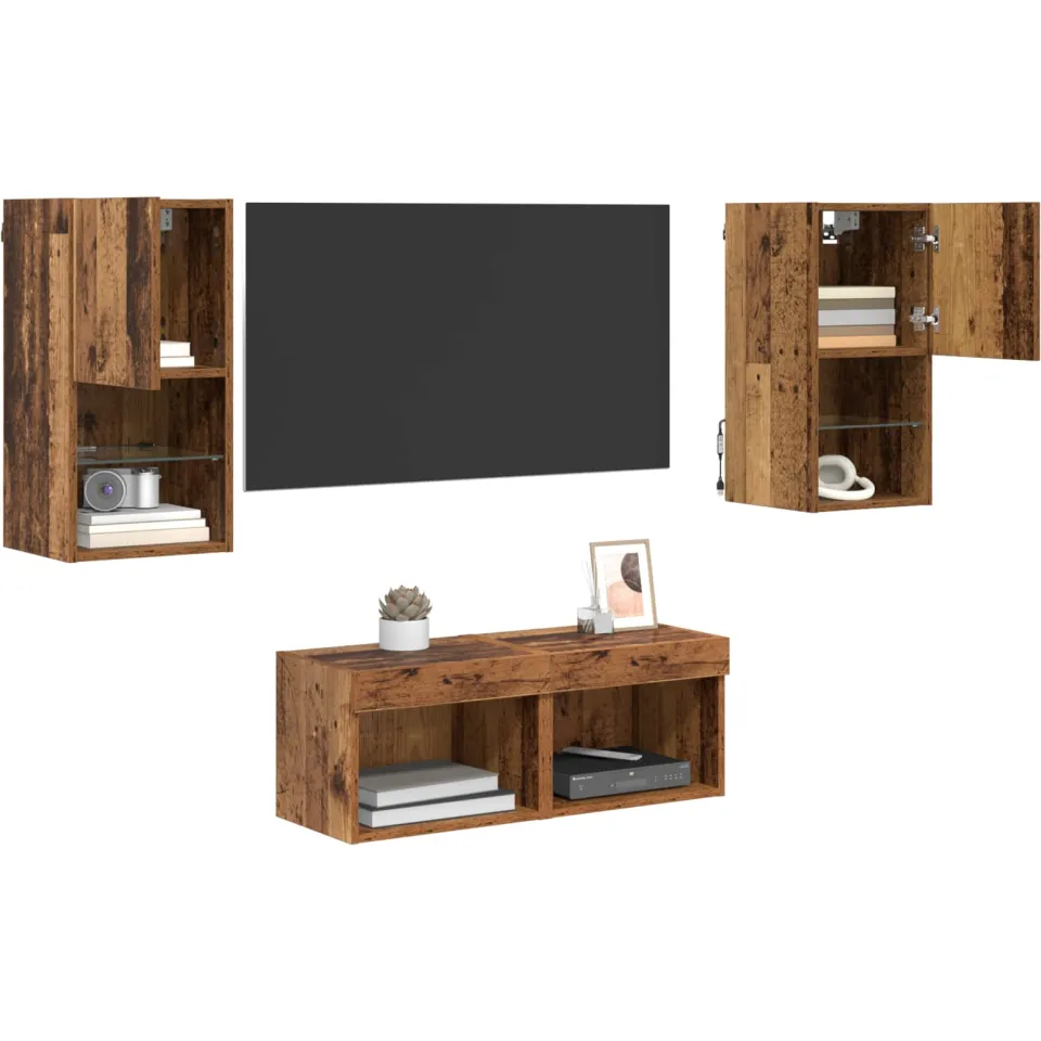 vidaXL TV Wandkasten 4 st Oud Hout Bewerkt hout Bruin