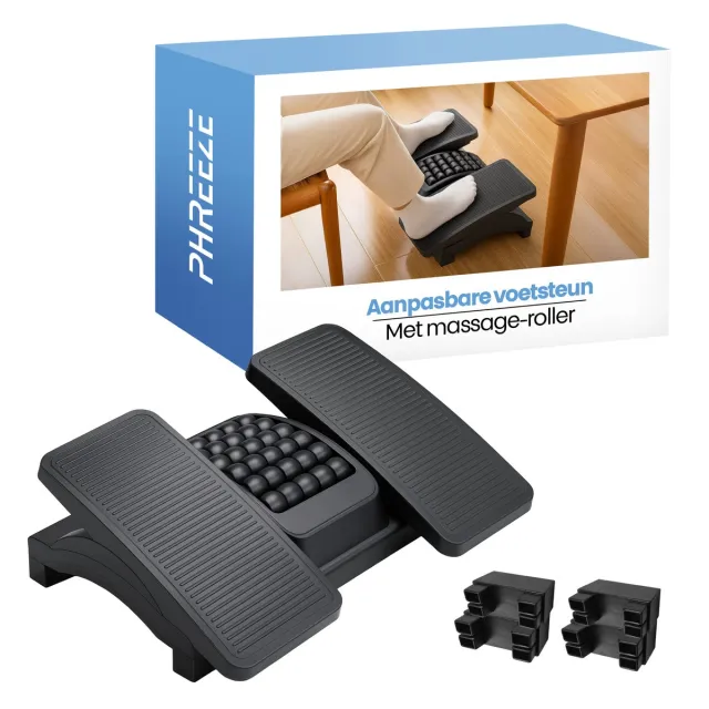 Phreeze Voetensteun - Ergonomisch Voetensteun Bureau - Met Massage Roller - Verstelbaar in 3 Hoeken - Voetenbankje - Zwart