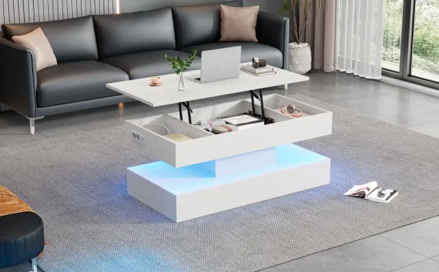 Clruro Moderne Salontafel in Zwart met LED Verlichting - Verborgen Opbergruimte - Hydraulische Lift - 100x50x42 cm - Belastbaar tot 50 kg Wit